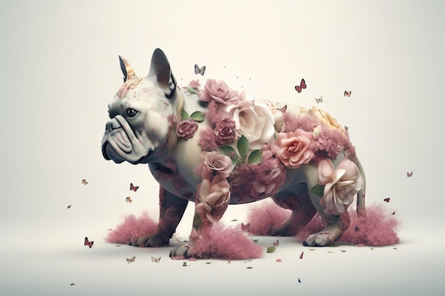 Foto immagine di un bulldog circondato da fiori colorati illustrazione di animali domestici ai generativa