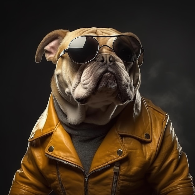 きれいな背景にサングラスをかけ、革のジャケットを着たブルドッグの画像 ペット動物イラスト 生成 AI