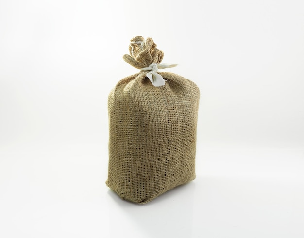 a image of burlap sack the tied on white background