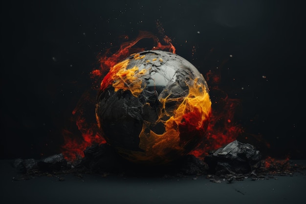 an image of a burning globe with flames and smoke