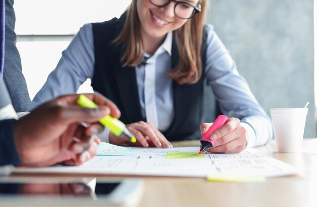 Image of business people hands working with papers at meeting