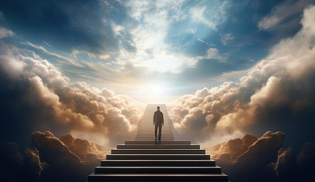 image of a businessman standing on the staircase leading to heaven in the style of raphael lacoste