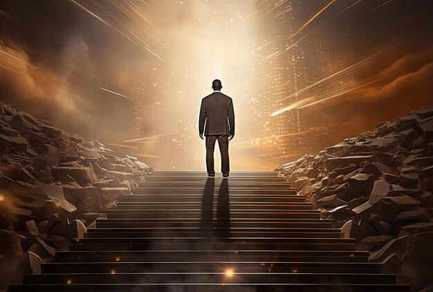 image of businessman standing on stairs and holding up his hands in the style of light bronze