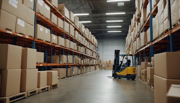 Photo an image of a bustling warehouse filled with neatly stacked boxes and forklifts in motion