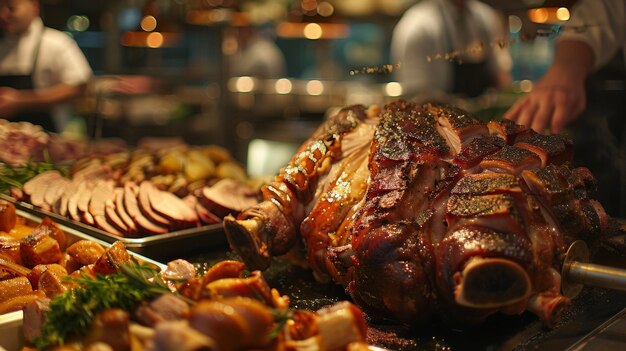 An image of a butcher preparing a whole pig for roasting artfully t the excess fat and seasoning the