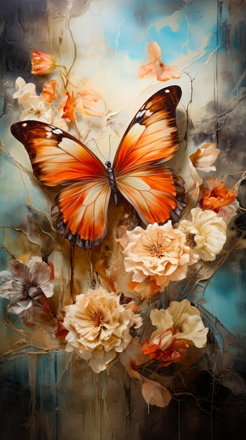 Image of butterfly and flowers on blue background Generative AI