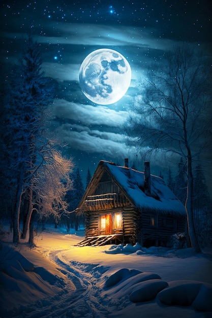 Image of cabin on snowy night with full moon in the sky Generative AI