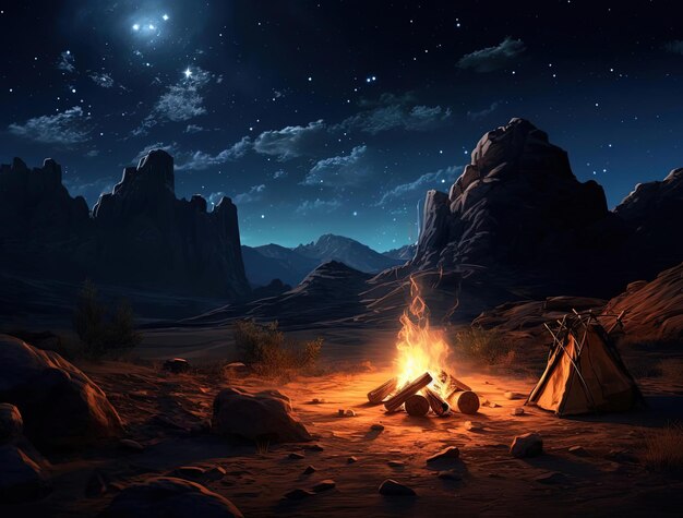 an image of a campfire under the stars in the night in the style of desertwave