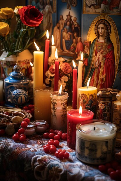 Foto immagine di un'arrangiamento di candele e icone religiose per il giorno di candlemas creato con ai generativo