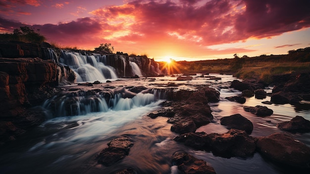 an image of a canyon waterfall at sunset in the style of the stars art group