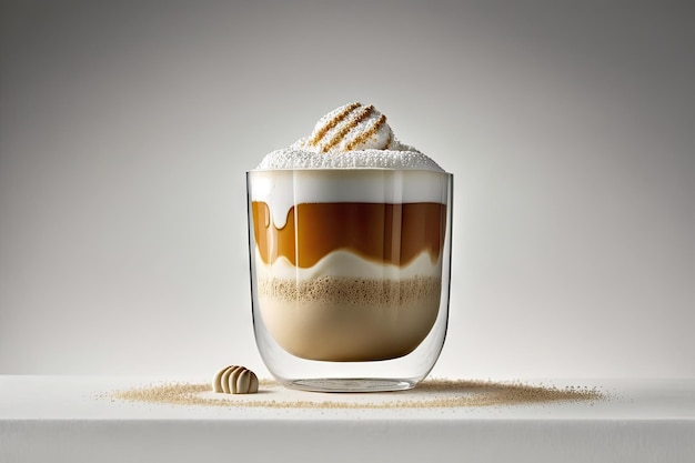 An image of a cappuccino in a glass with two walls on a white backdrop