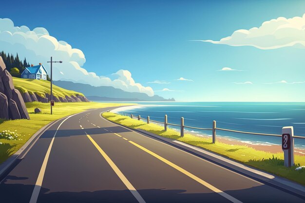 Photo image captured at close range showing a road next to the sea on a bright sunny day