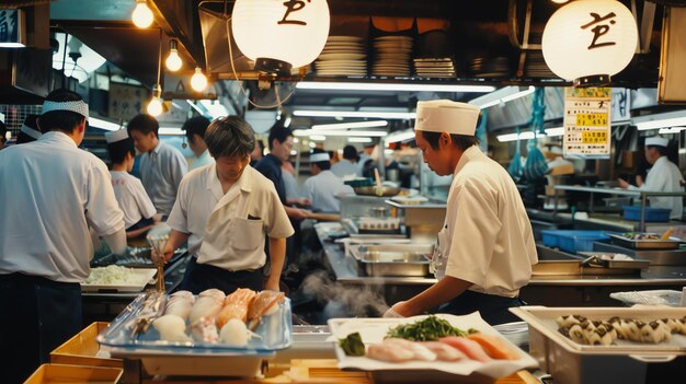 Photo the image captures the bustling atmosphere of a busy restaurant kitchen