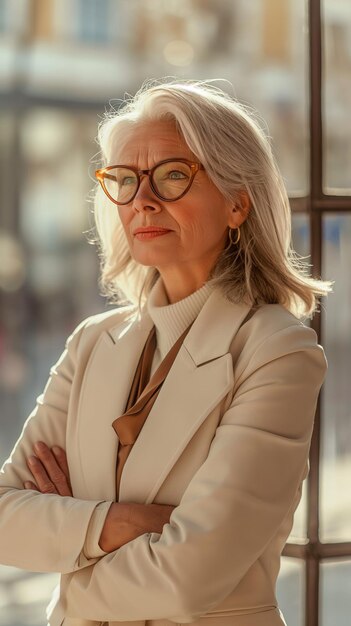 Photo image captures an elegant older woman with a thoughtful expression portraying leadership and experience in a modern corporate environment