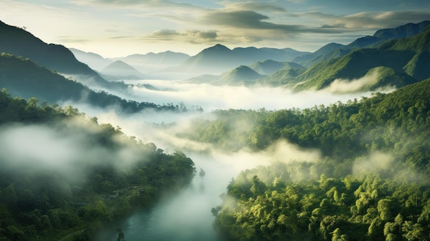 この画像は ⁇ 霧のジャングルの風景を捉えている ⁇ 