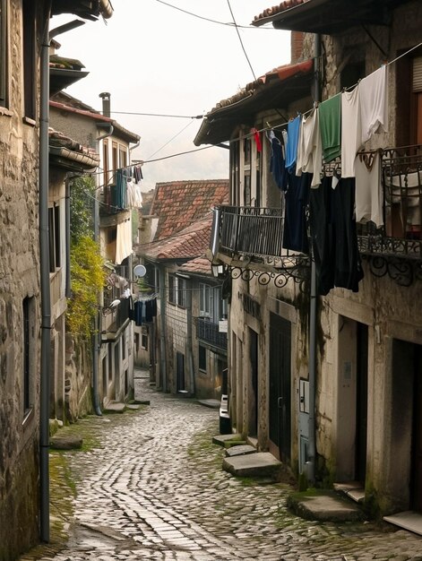 Foto l'immagine cattura una stretta strada di ciottoli tortuosa fiancheggiata da vecchi edifici e lavanderia