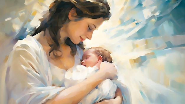 The image captures a serene closeup view of a mother gently cradling her newborn baby creating