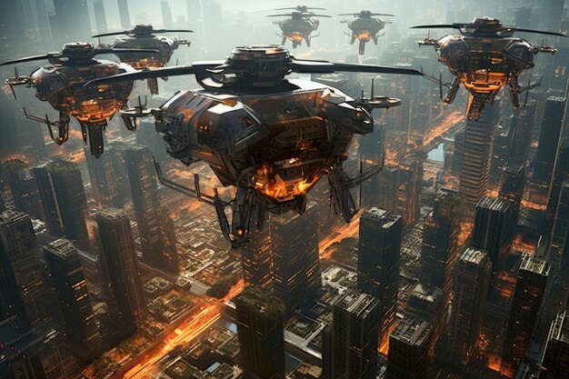 Premium AI Image  An image capturing a bustling futuristic city with an array of flying 
