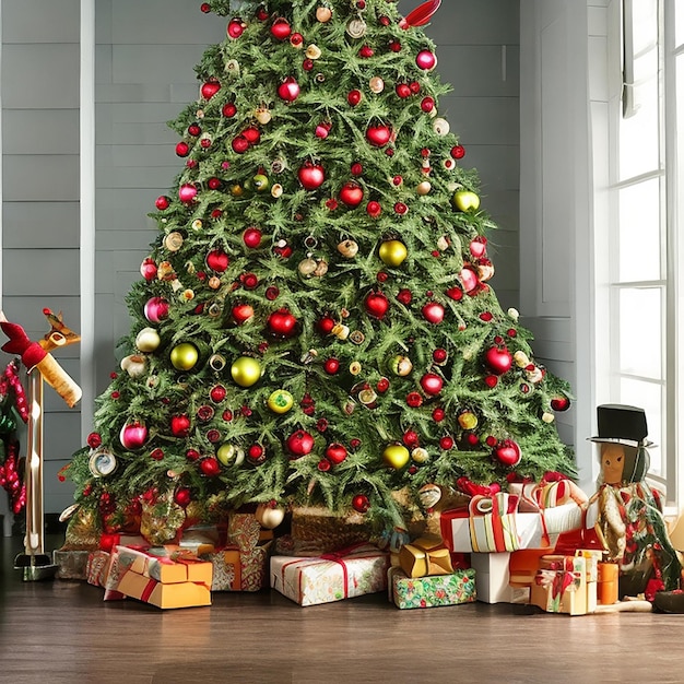 Изображение, изображающее суть рождественской ослепительной елки, украшенной украшениями, мерцающими огнями.
