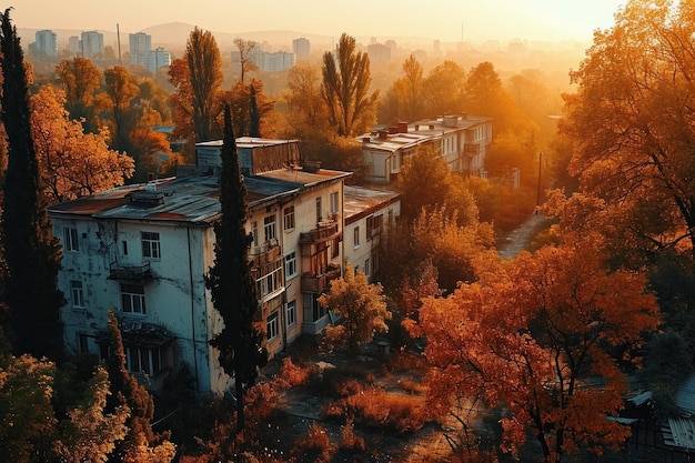 Photo an image capturing the essence of soviet urban life in the 1980s focusing on buildings streets and courtyards