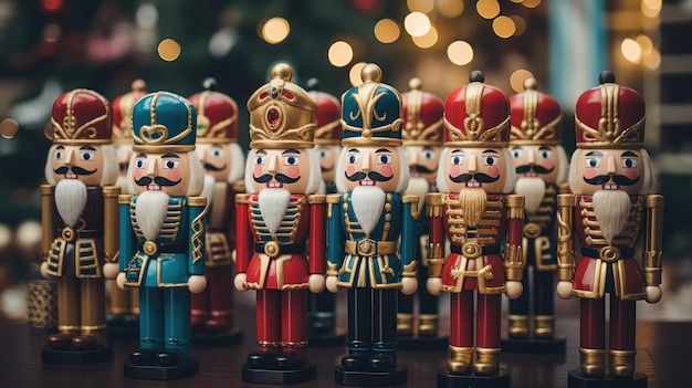 An image capturing a group of colorful nutcracker figurines arranged in a festive display