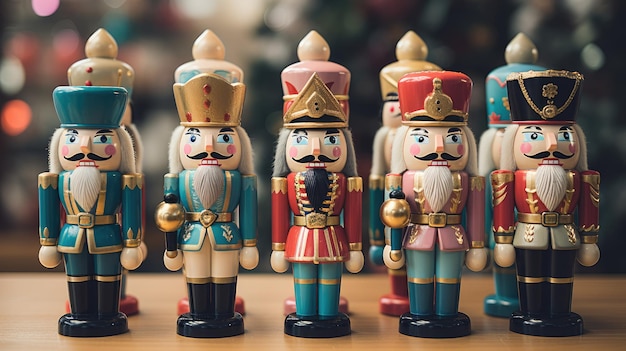 An image capturing a group of colorful nutcracker figurines arranged in a festive display