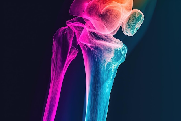 Photo an image capturing a human leg covered in vibrant splatters of paint saturated colored 3d xray view of a human thigh bone ai generated