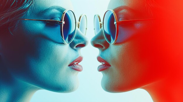 An image capturing the reflection of two faces in a single pair of mirrored sunglasses