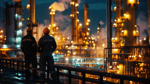 Foto un'immagine che cattura il lavoro di squadra e la dedizione degli ingegneri dell'industria della raffineria davanti a una fabbrica industriale di petrolio e gas che enfatizza la collaborazione e l'esperienza