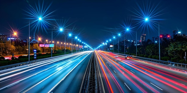 Photo the image of car headlights blur in motion on a busy city highway at night concept night cityscape blurred motion car headlights urban traffic busy highway