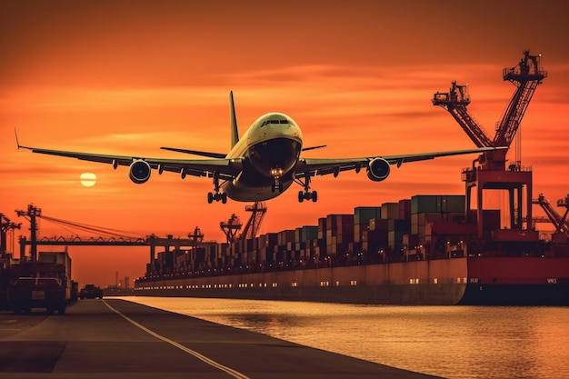 An image of a cargo plane or a container ship against a beautiful sunset