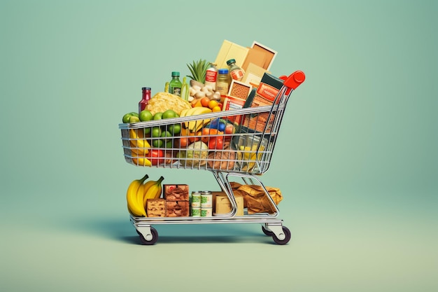 Image of cart full of products in supermarket