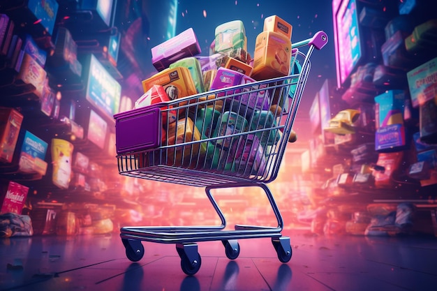 Image of cart full of products in supermarket