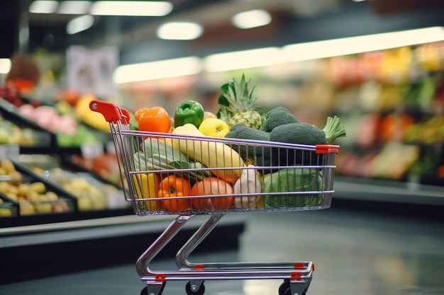 Image of cart full of products in supermarket