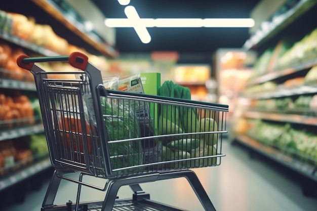 Foto immagine di un carrello pieno di prodotti nel supermercato