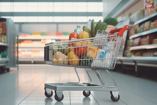 Image of cart full of products in supermarket