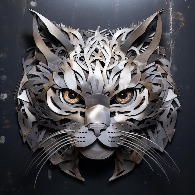 Image of cat face made with steel and various metals on clean background Pet Animals Illustration Generative AI