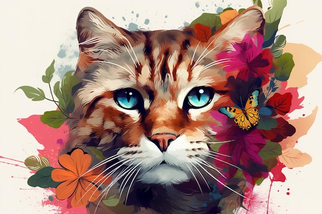형형색색의 열대 꽃으로 둘러싸인 고양이 얼굴의 이미지 애완 동물 일러스트 Generative AI
