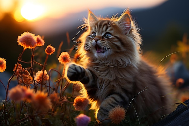 An image of a cat playing with a ball of yarn in the middle of the wilderness