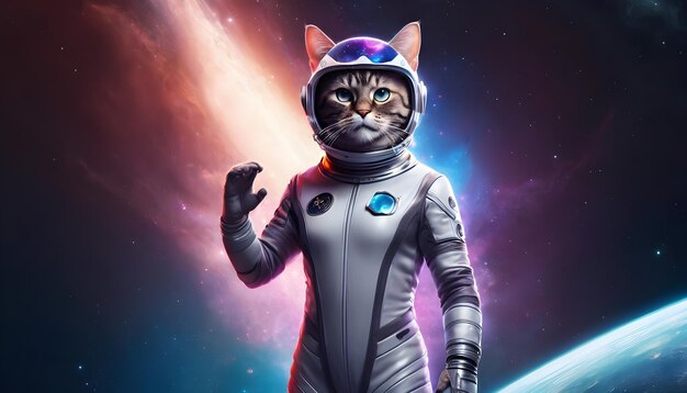 SFのメガネと未来的なジャンプスーツと宇宙ヘルメットの猫の画像