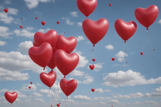 An image of cheerful red heartshaped balloons floating in the air outdoor