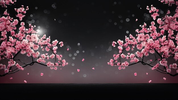 Photo image of cherry blossom trees wallpaper cartoon style black sparkle background