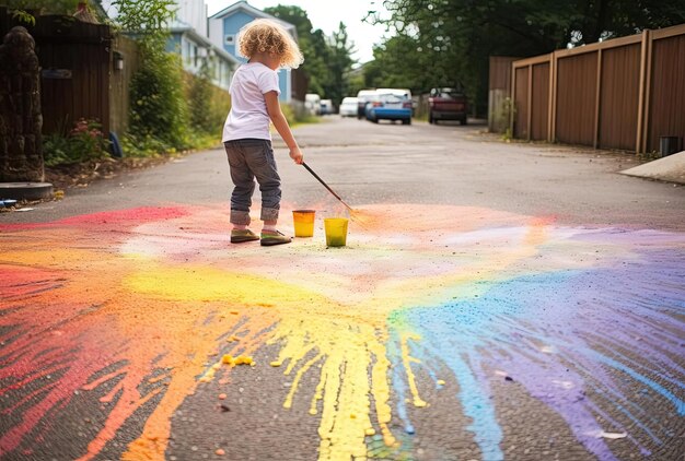 An image of a child drawing a rainbow on the gravel road in front of a white house in the style of