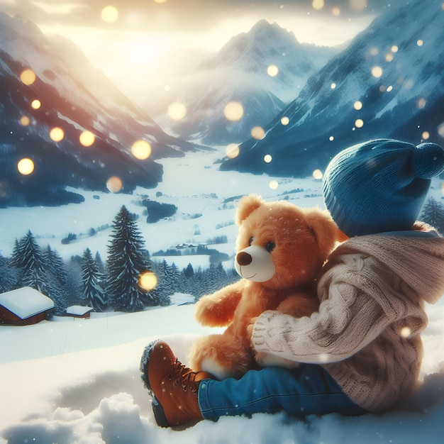 ボケの背景にある冬の雪山に座っているおもちゃのテディベアを持つ子供の画像