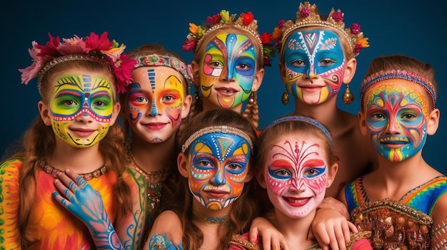 An image of children expressing their creativity through face painting with whimsical designs and v