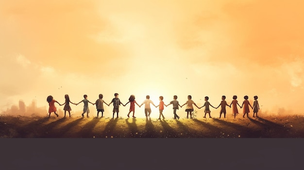 An image of children holding hands and forming a human chain symbolizing unity friendship and the