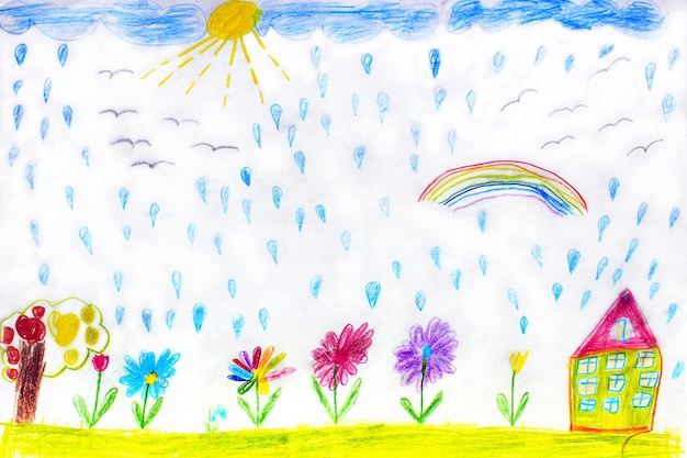 image of children's drawing of house flowers and rainbow