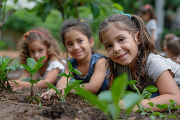 an image of children in a school garden each planting a tree native to their country symbolizing g