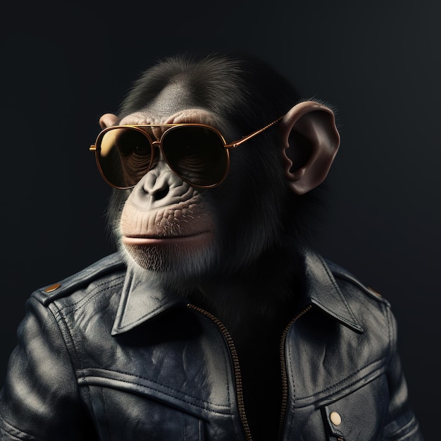 Изображение шимпанзе в солнцезащитных очках и черной кожаной куртке на чистом фоне Дикие животные Иллюстрация Генеративный ИИ
