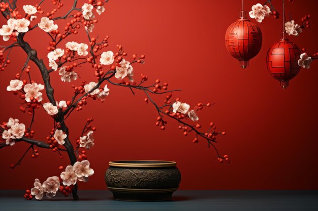 an image of Chinese New Year hanging lantern on red wall mockup